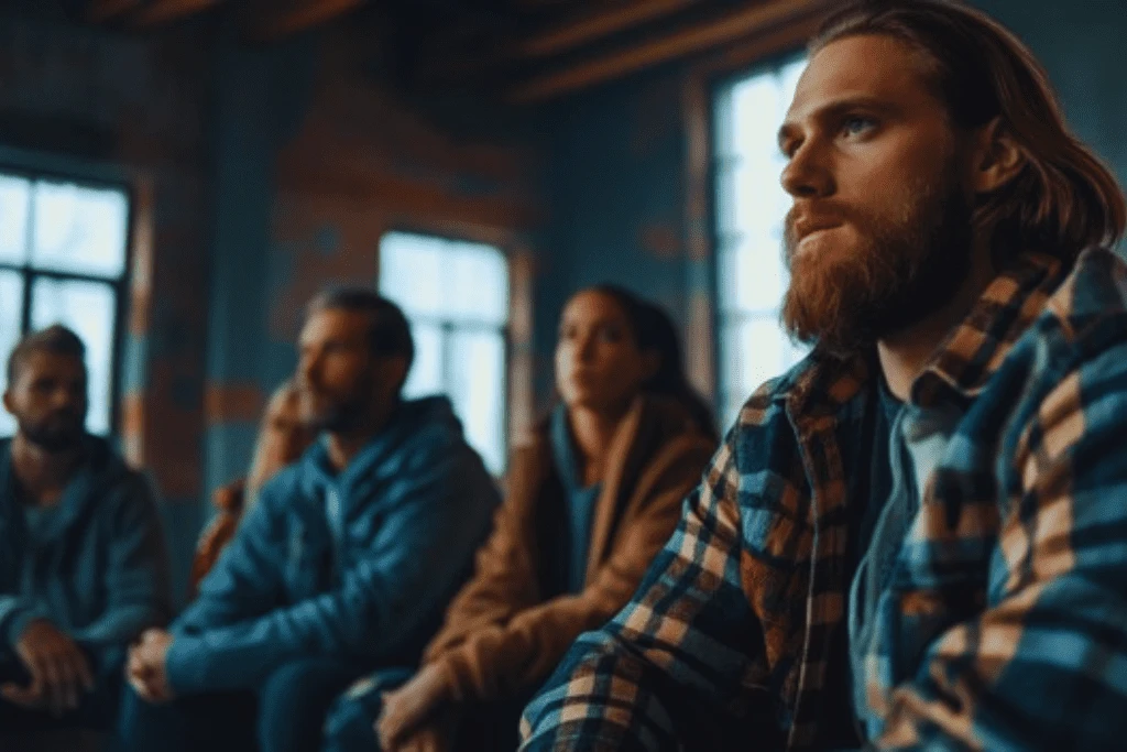 "A man attentively listening during a group therapy session, showcasing the supportive environment of Mount Sterling Kentucky Drug and Alcohol Rehab Resources.