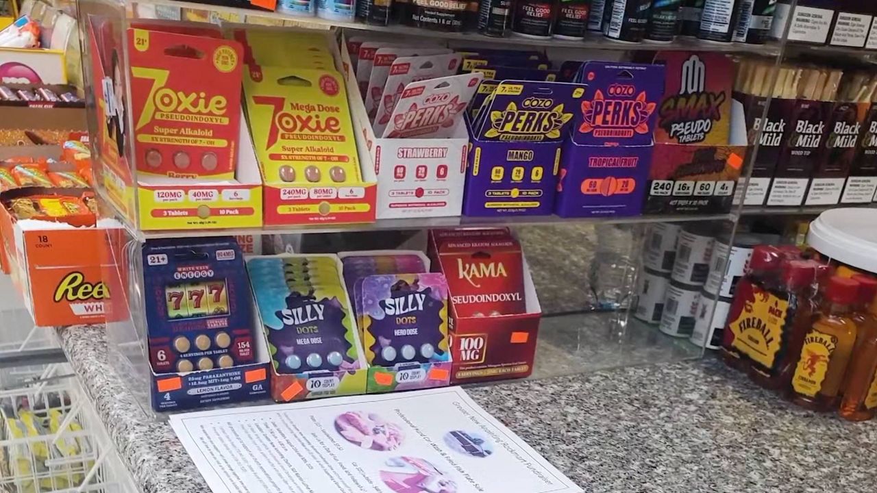 Brightly packaged gas station drug products resembling candy and consumer supplements
